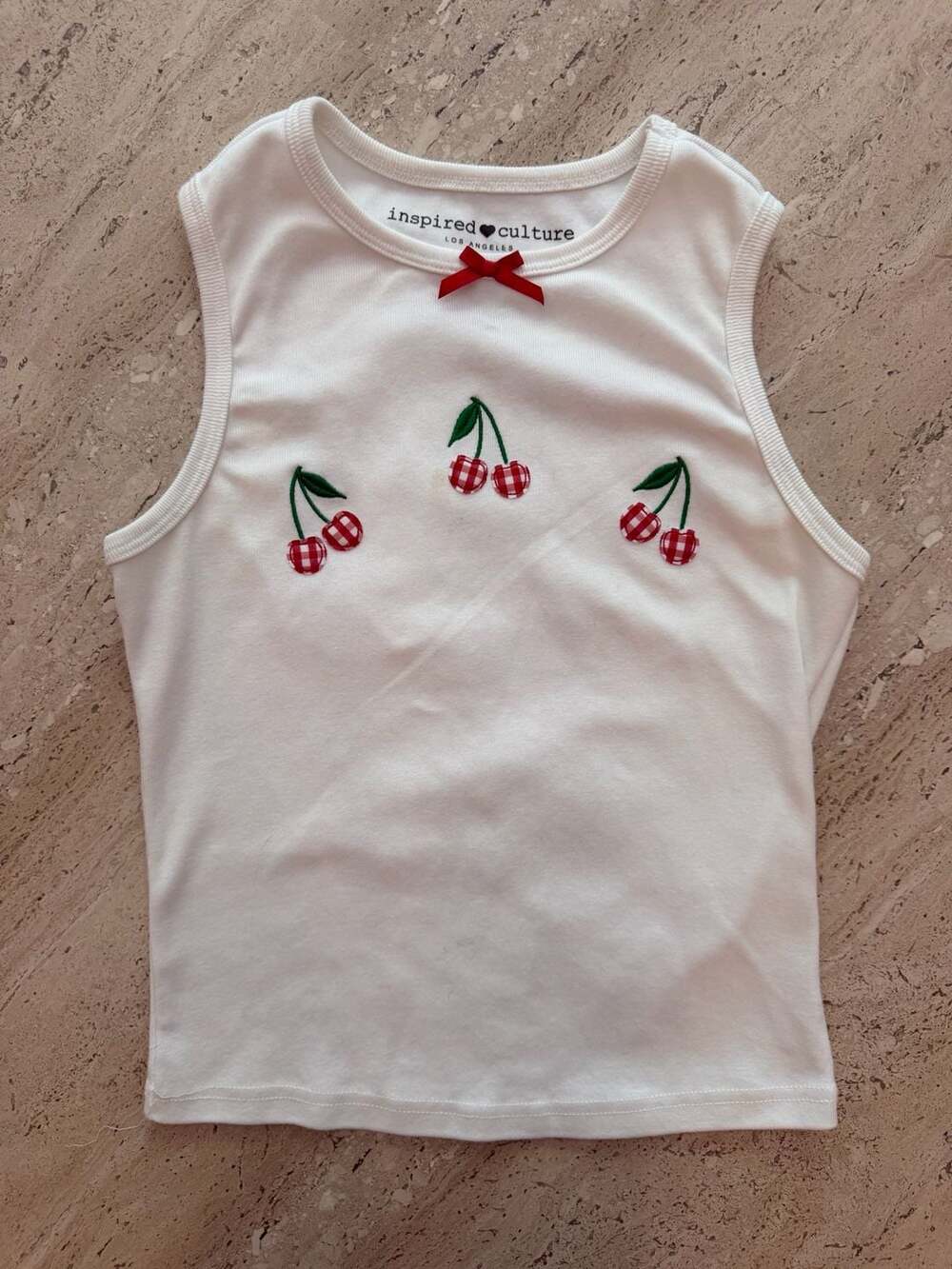 Inspired Culture Los Angeles White Cherry Gingham Embroidery Tank Top